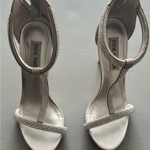 New in box, worn once. Steve Madden silver rhinestone heels, zippered back.
